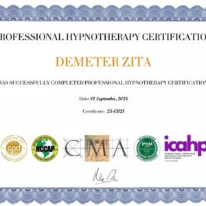 Certified hypnotherapist certificate for leading relaxations and supporting holistic women’s health, stress relief, and emotional balance.