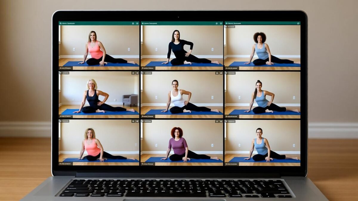 Illustration of an Online Aviva Method on Zoom with participants exercising from home, supporting hormonal balance, pelvic circulation, fertility, and menstrual health through natural movement.