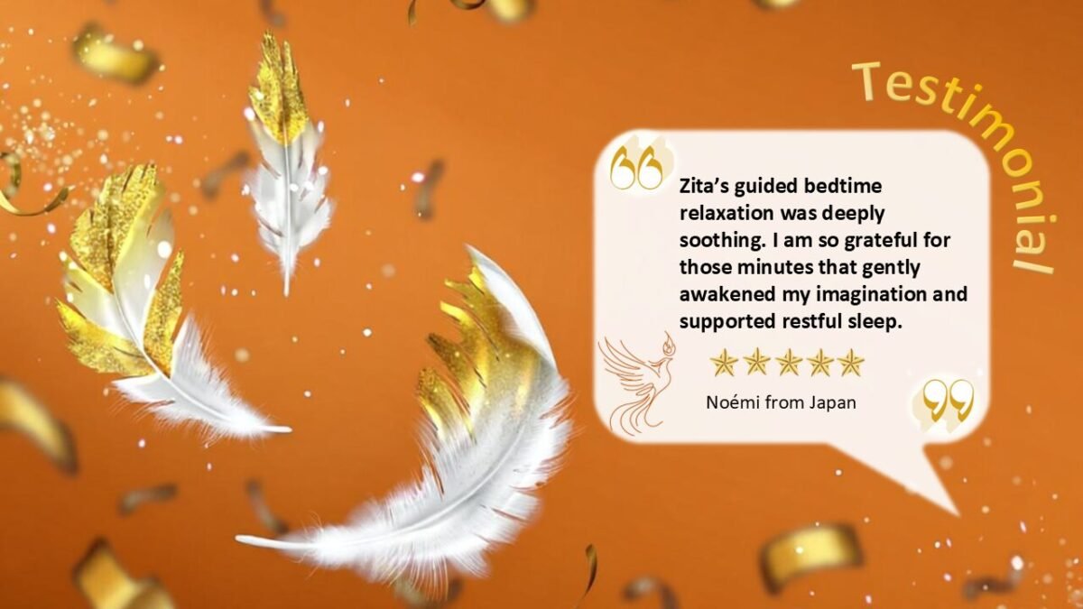 Guided relaxation testimonial highlighting calm, stress relief, and emotional balance