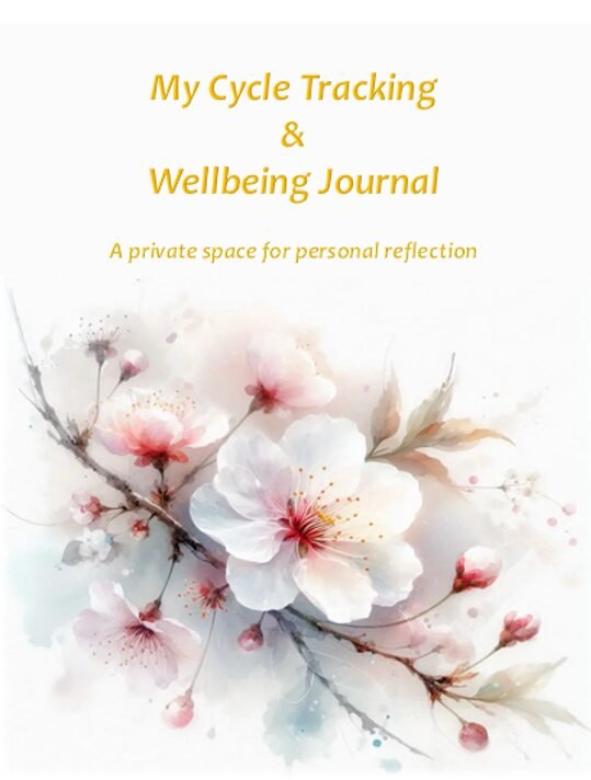 Cycle and symptom tracking journal for women supporting fertility awareness, self-observation, wellbeing, and body awareness.