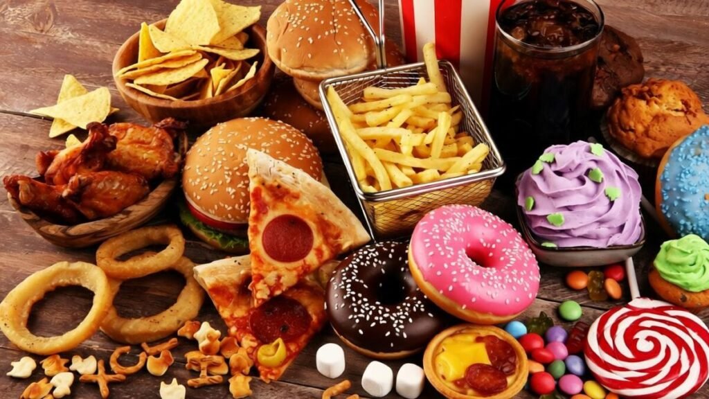 Illustration showing processed foods, sugar, and refined carbohydrates that may contribute to chronic inflammation, immune strain, and hormonal imbalance, increasing long-term health risks.