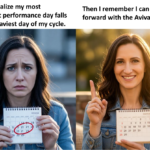Split-screen photo of a woman showing anxiety on the first days of her period versus confidence and relief after practicing cycle awareness and the Aviva Method, illustrating menstrual cycle management, PMS relief, and peak performance planning for women.