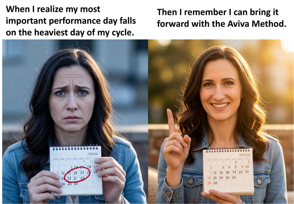 Split-screen photo of a woman showing anxiety on the first days of her period versus confidence and relief after practicing cycle awareness and the Aviva Method, illustrating menstrual cycle management, PMS relief, and peak performance planning for women.