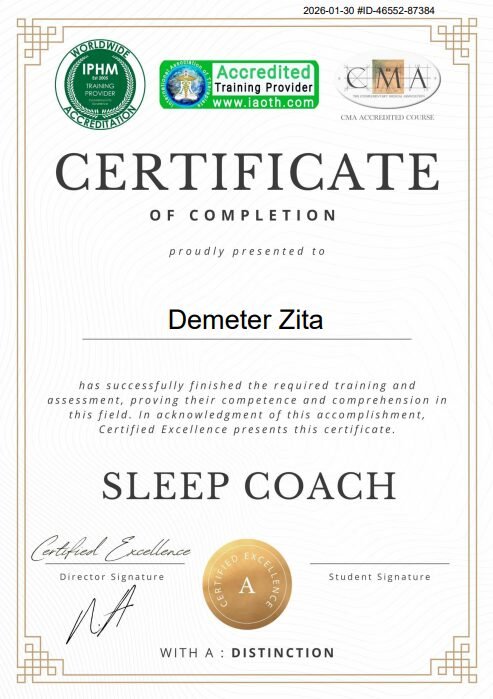 Sleep Coach certification of Demeter Zita optimouzng sleeping habits to support hormanol balance and fertility