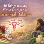 Hormonal imbalance causes illustration with lifestyle triggers like stress, unhealthy food, poor sleep and environmental toxins.