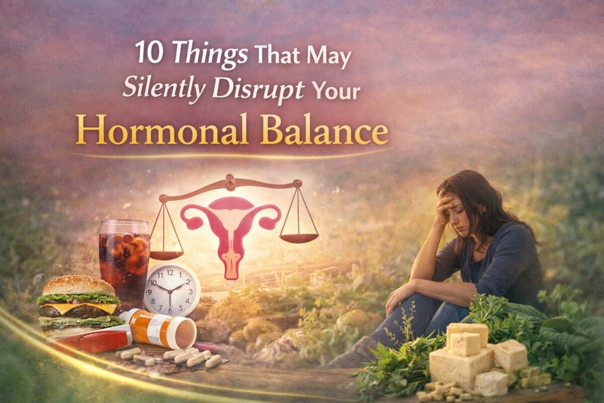 Hormonal imbalance causes illustration with lifestyle triggers like stress, unhealthy food, poor sleep and environmental toxins.