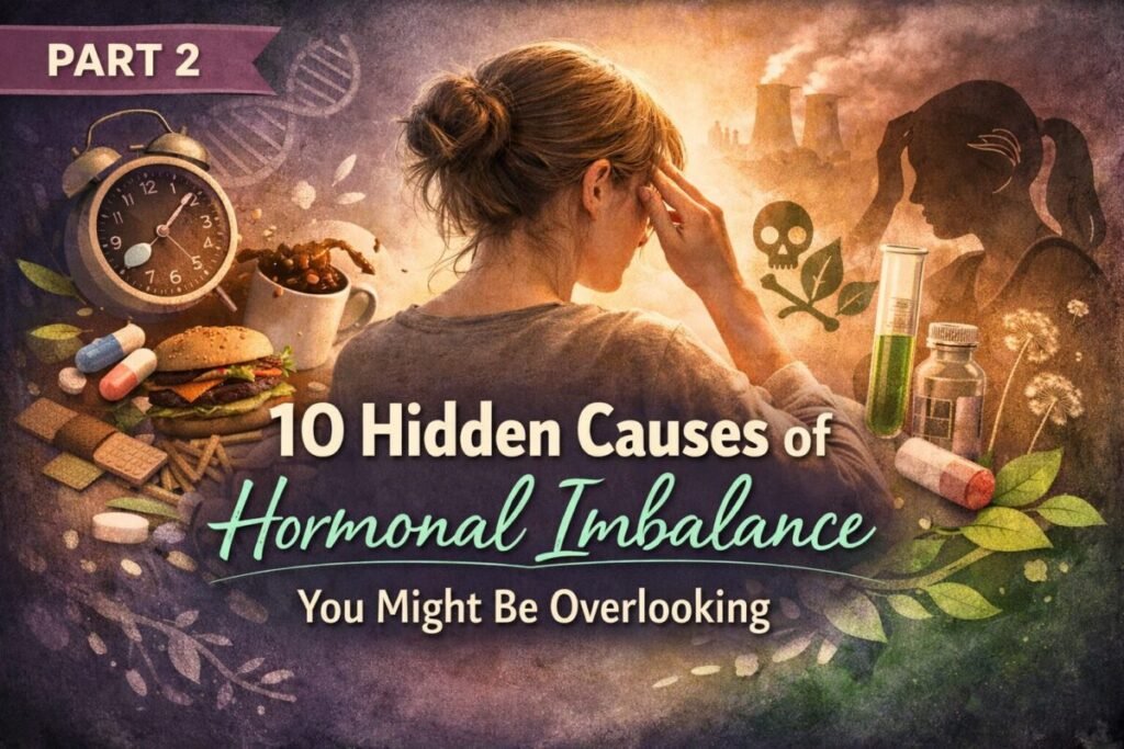 Woman experiencing hormonal imbalance surrounded by lifestyle factors like processed food, stress, sleep disruption and environmental toxins