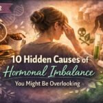 Woman experiencing hormonal imbalance surrounded by lifestyle factors like processed food, stress, sleep disruption and environmental toxins