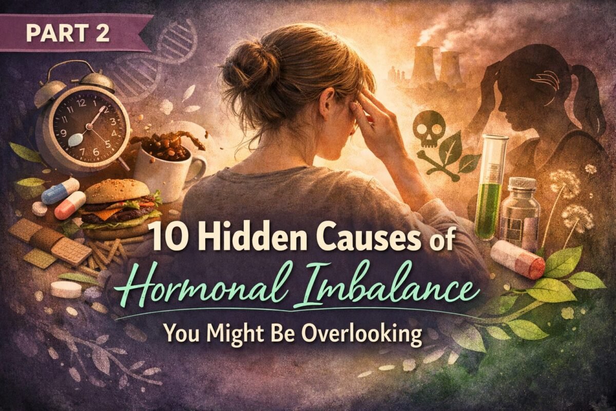 Woman experiencing hormonal imbalance surrounded by lifestyle factors like processed food, stress, sleep disruption and environmental toxins