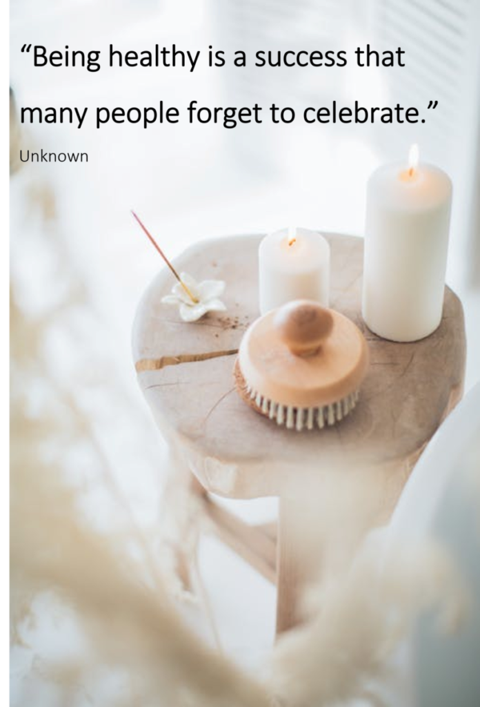 Inspirational wellness quote about health and self-care: “Being healthy is a success that many people forget to celebrate” with calm, minimalist aesthetic, promoting hormonal balance, women’s health, and natural wellbeing.