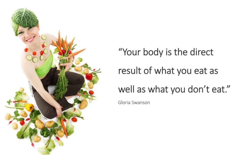 Inspirational quote about nutrition and health: “Your body is the direct result of what you eat and what you don’t eat” with a calm wellness aesthetic, promoting healthy habits, hormonal balance, and natural wellbeing.