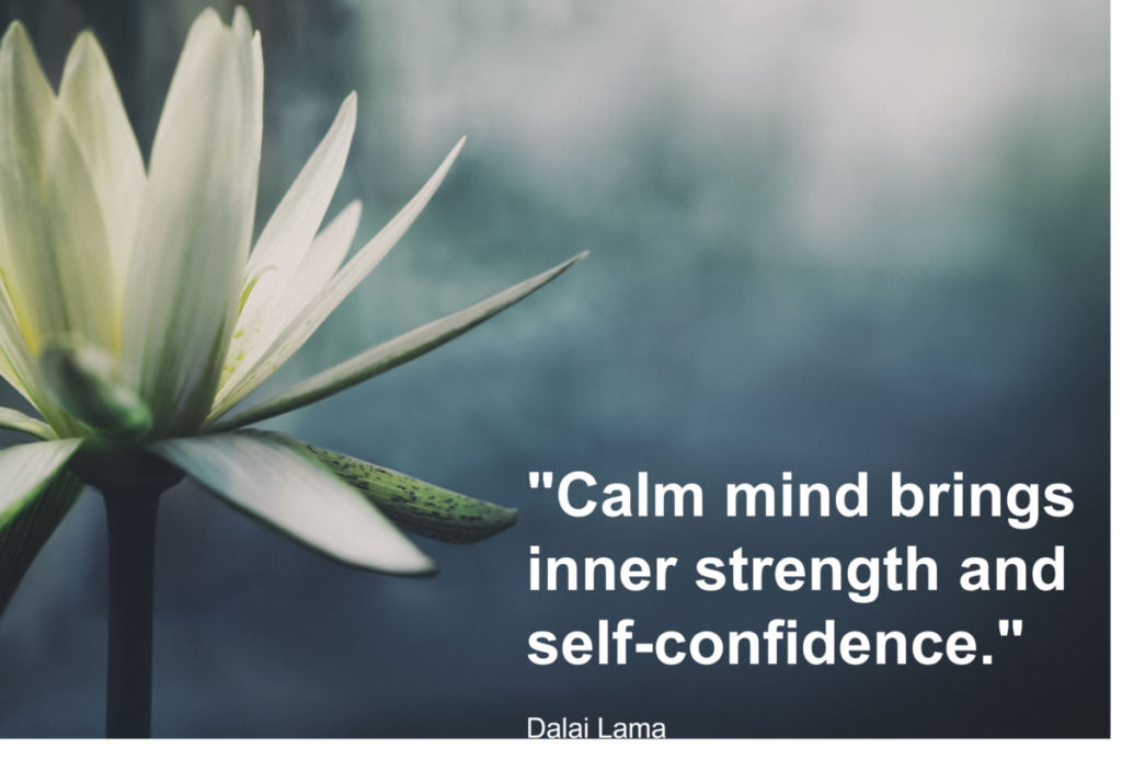 Inspirational quote about inner calm and confidence: “A calm mind brings inner strength and self-confidence” with a peaceful wellness aesthetic, promoting relaxation, hormonal balance, and natural wellbeing.
