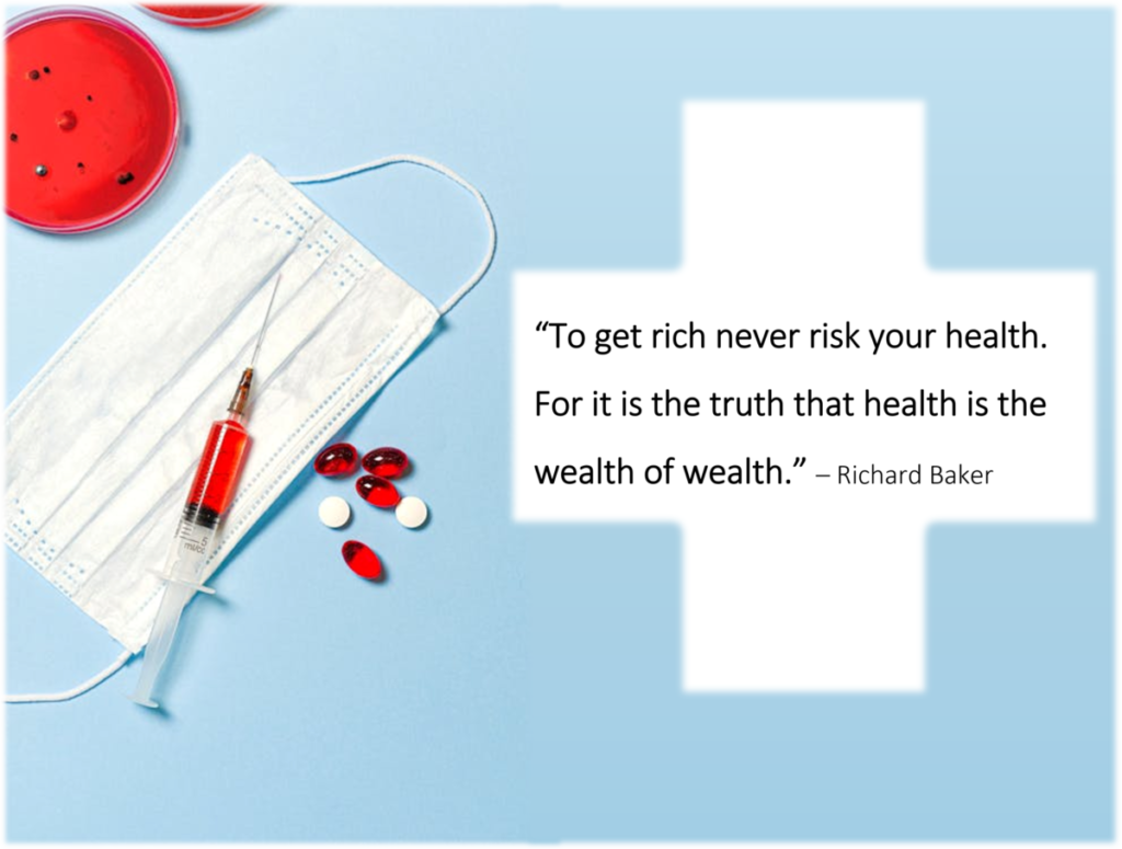 Inspirational quote about health and true wealth: “To get rich, never risk your health. It is true that health is the greatest wealth” with a calm wellness aesthetic, promoting balance, energy, and natural wellbeing.