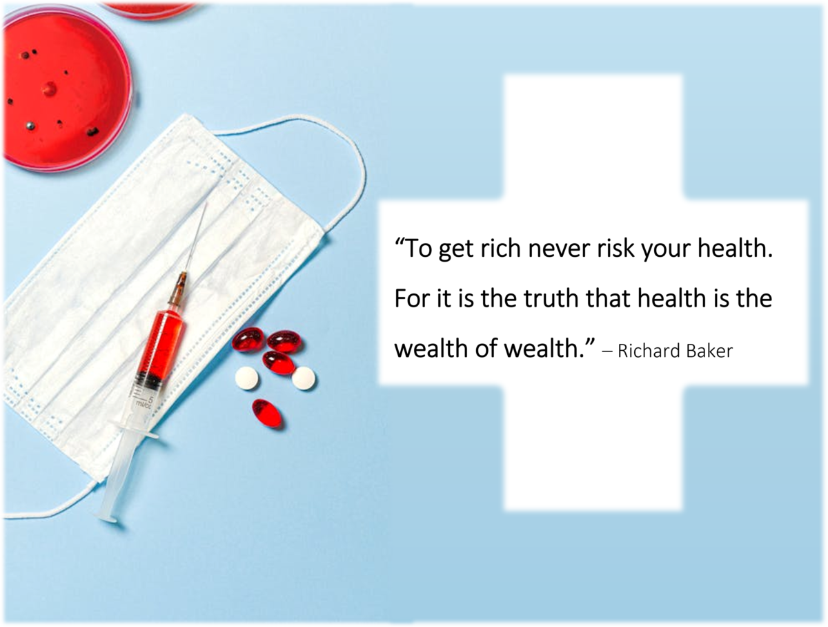 Inspirational quote about health and true wealth: “To get rich, never risk your health. It is true that health is the greatest wealth” with a calm wellness aesthetic, promoting balance, energy, and natural wellbeing.