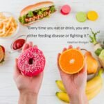 Powerful health quote about nutrition and disease prevention, emphasizing how daily food choices impact wellbeing, hormonal balance, and overall health.