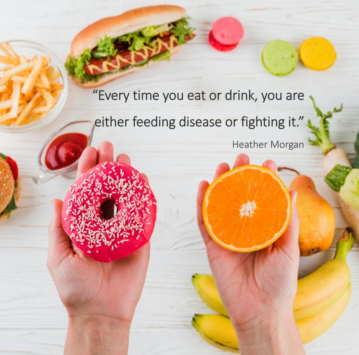 Powerful health quote about nutrition and disease prevention, emphasizing how daily food choices impact wellbeing, hormonal balance, and overall health.