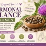 Holistic women’s health graphic showing milk thistle and movement-based support for hormonal balance, PMS, and cycle regulation