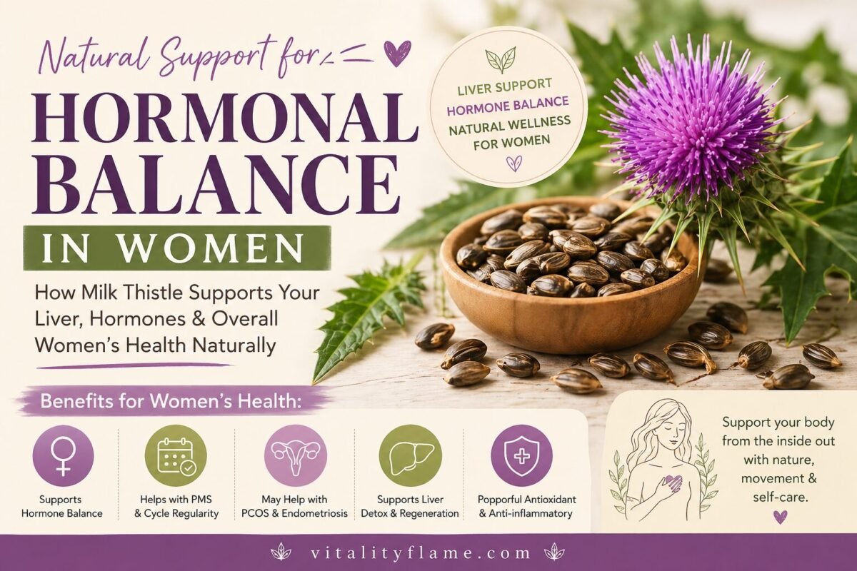 Holistic women’s health graphic showing milk thistle and movement-based support for hormonal balance, PMS, and cycle regulation