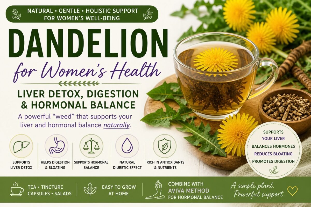 Dandelion herbal guide showing liver detox benefits, tea preparation, dosage, and natural support for hormonal balance and bloating relief in women