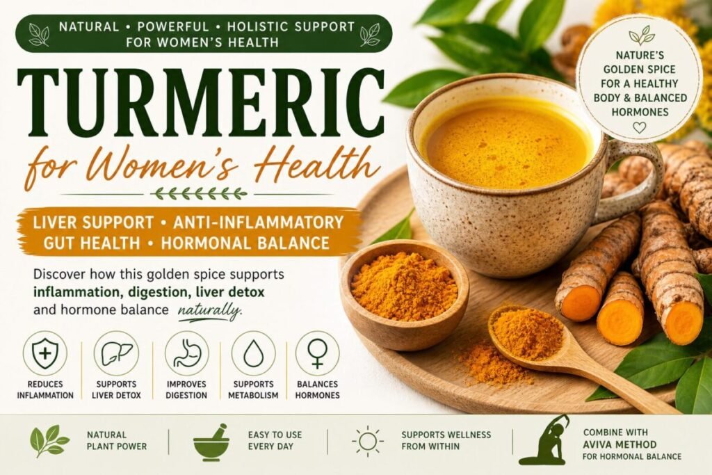 Turmeric infographic showing benefits for inflammation reduction, liver detox support, digestion, and natural hormonal balance with usage tips and dosage