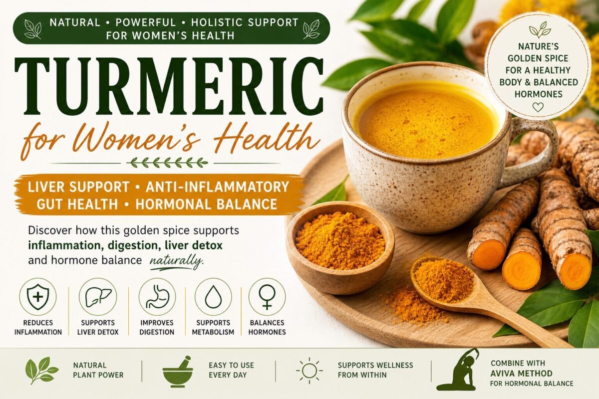 Turmeric infographic showing benefits for inflammation reduction, liver detox support, digestion, and natural hormonal balance with usage tips and dosage