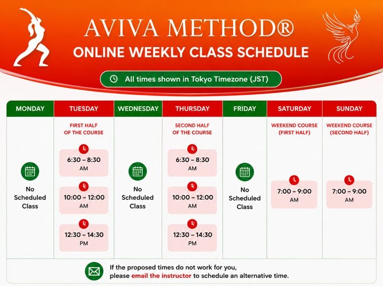 Wellness-style weekly online Aviva Method schedule infographic at Vitality Flame showing fertility support exercise class times in Tokyo timezone, focused on hormonal balance, reproductive health, pelvic circulation, and natural fertility support.