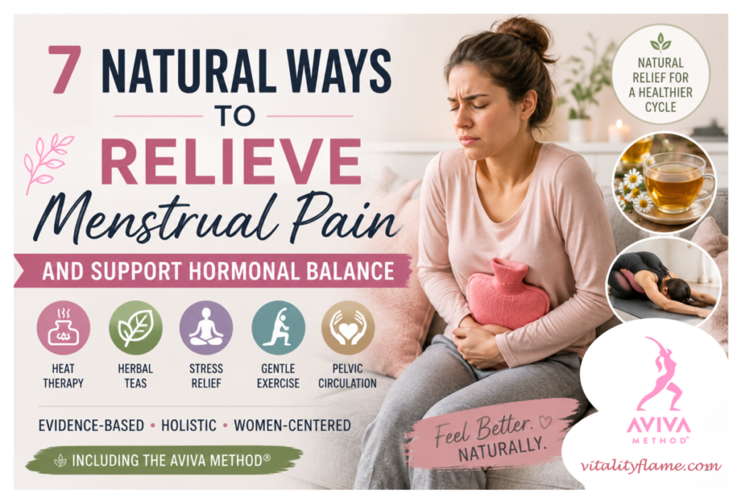 Woman holding a heating pad for period cramps beside text about natural menstrual pain relief methods including herbal teas, stress reduction, pelvic circulation exercises, and the Aviva Method® for hormonal balance and women’s health.