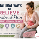 Woman holding a heating pad for period cramps beside text about natural menstrual pain relief methods including herbal teas, stress reduction, pelvic circulation exercises, and the Aviva Method® for hormonal balance and women’s health.