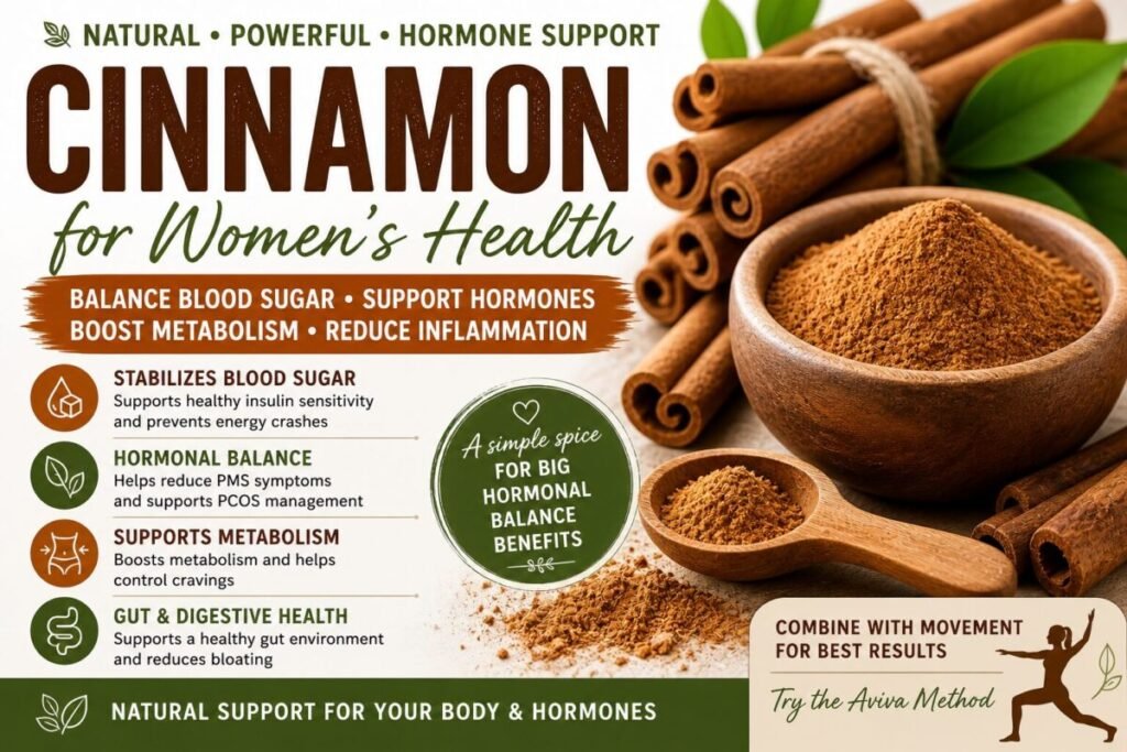 Cinnamon thumbnail showing benefits for blood sugar balance, metabolism support, hormonal health, and daily usage tips with natural wellness approach