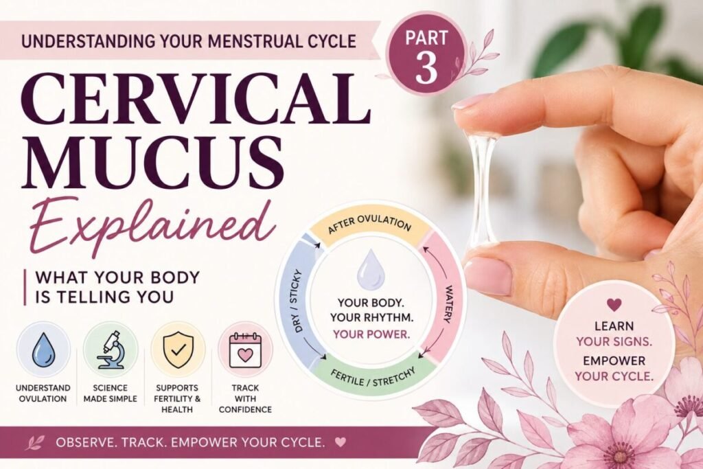 Educational women's health article cover explaining cervical mucus changes throughout the menstrual cycle, including dry, creamy, watery, and egg-white cervical mucus patterns associated with ovulation and fertility awareness.
