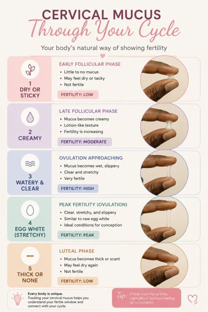 Educational infographic showing cervical mucus changes throughout the menstrual cycle, including dry, sticky, creamy, watery, and egg-white cervical mucus, with explanations of fertility signs and ovulation timing.