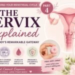 Educational women's health article cover about the cervix and menstrual cycle. Features a soft anatomical illustration of the uterus and cervix with information about cervical changes during menstruation, ovulation, and the luteal phase, helping women understand fertility awareness and reproductive health.
