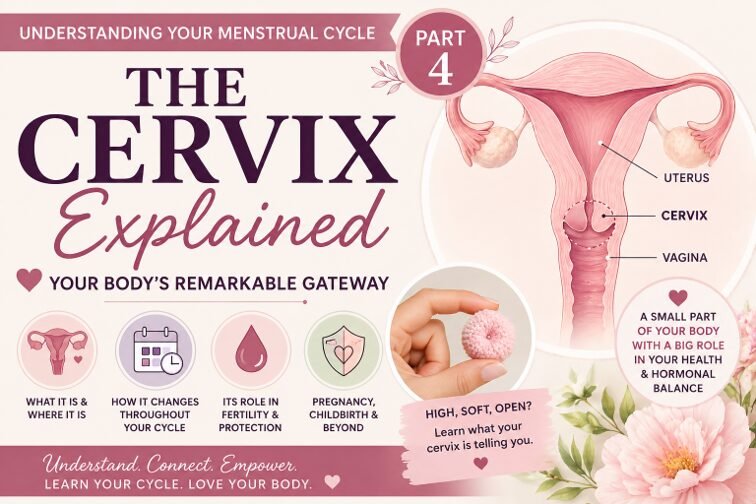 Educational women's health article cover about the cervix and menstrual cycle. Features a soft anatomical illustration of the uterus and cervix with information about cervical changes during menstruation, ovulation, and the luteal phase, helping women understand fertility awareness and reproductive health.