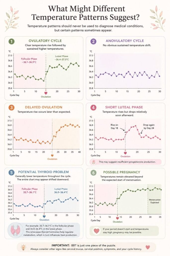 Educational infographic showing six common basal body temperature chart patterns throughout the menstrual cycle, including ovulatory cycle, anovulatory cycle, delayed ovulation, short luteal phase, lower-temperature thyroid-related pattern, and possible pregnancy pattern with sustained elevated temperatures. Includes explanations of how BBT changes after ovulation and what different chart patterns may suggest.