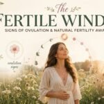 Woman standing in a sunlit meadow surrounded by fertility awareness symbols including cervical mucus, ovulation signs, moon phases, and basal body temperature. Educational infographic about the fertile window, ovulation, and natural cycle tracking.