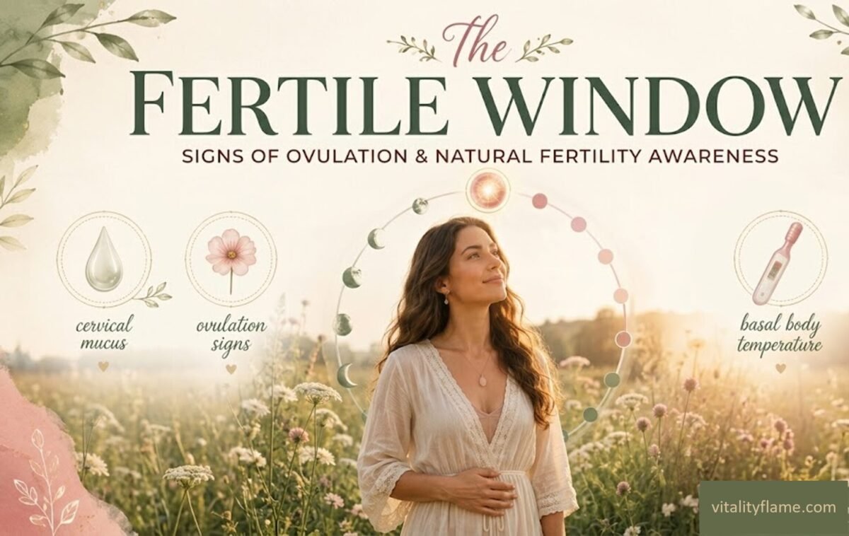 Woman standing in a sunlit meadow surrounded by fertility awareness symbols including cervical mucus, ovulation signs, moon phases, and basal body temperature. Educational infographic about the fertile window, ovulation, and natural cycle tracking.