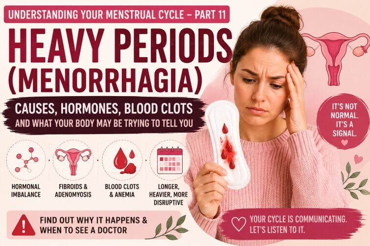 Medical-style thumbnail for an article about heavy periods and menorrhagia, featuring a menstrual calendar, female reproductive system illustration, menstrual blood drops, and educational text about causes of excessive menstrual bleeding and hormonal imbalan