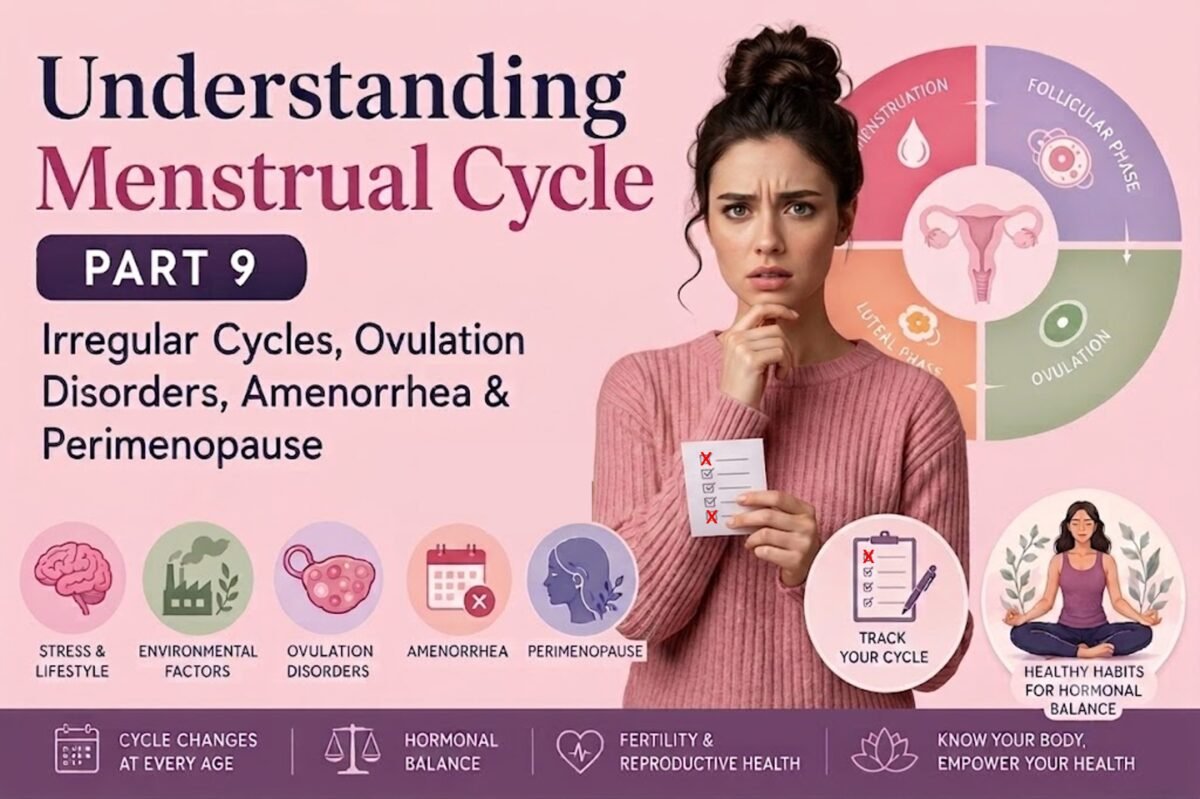 Pinterest-style infographic summarizing menstrual cycle length changes and irregular periods. The image explains short cycles, long cycles, delayed ovulation, anovulatory cycles, amenorrhea, PCOS, thyroid disorders, stress-related cycle changes, ovarian cysts, and perimenopause. Educational women's health guide focused on cycle awareness, ovulation, fertility, and reproductive health.