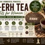 Elegant Pu-erh tea article thumbnail featuring aged tea cakes, a traditional tea cup, and information about digestion, gut health, metabolism, healthy aging, and women's wellness.