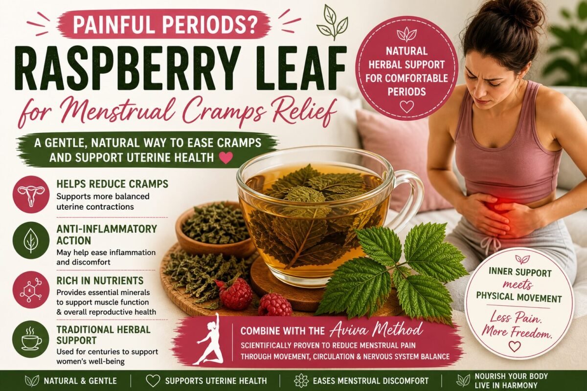 Raspberry leaf tea guide showing when to drink it before and during period to reduce menstrual cramps with dosage and safety tips