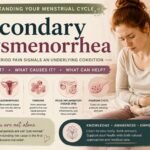 Educational infographic about secondary dysmenorrhea featuring a woman experiencing menstrual pain. The graphic explains how endometriosis, adenomyosis, uterine fibroids, ovarian cysts, and pelvic inflammatory disease can contribute to painful periods and menstrual cramps.