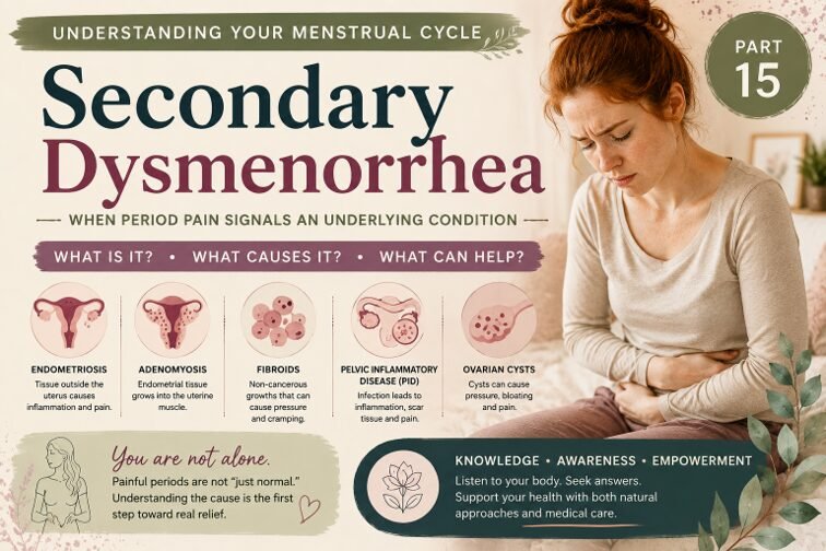 Educational infographic about secondary dysmenorrhea featuring a woman experiencing menstrual pain. The graphic explains how endometriosis, adenomyosis, uterine fibroids, ovarian cysts, and pelvic inflammatory disease can contribute to painful periods and menstrual cramps.