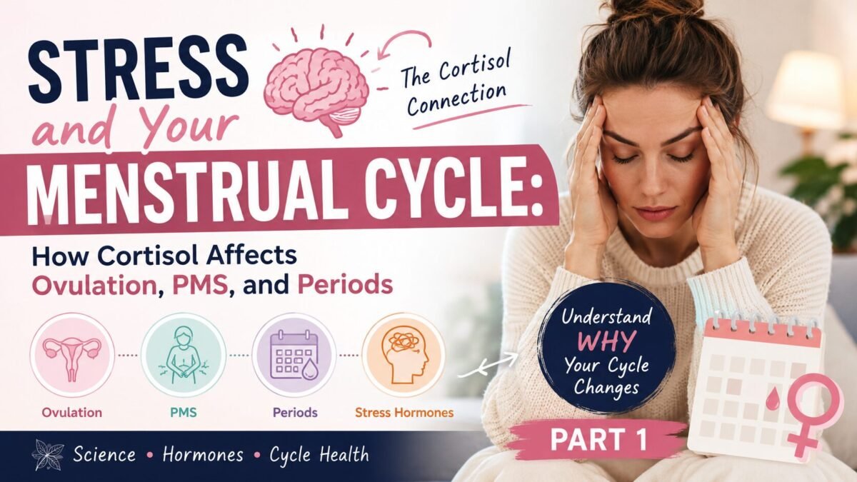 Educational thumbnail about stress and the menstrual cycle showing how cortisol affects hormones, ovulation, PMS, and menstrual cycle health.
