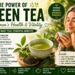 Beautiful green tea wellness infographic highlighting the benefits of green tea for women, including metabolism support, antioxidants, healthy aging, focus, energy, and overall wellness.