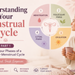 Illustration showing the four phases of the menstrual cycle: menstruation, follicular phase, ovulation, and luteal phase. Educational women's health infographic explaining cycle awareness, hormonal changes, fertility signs, energy patterns, and menstrual health throughout a healthy menstrual cycle.
