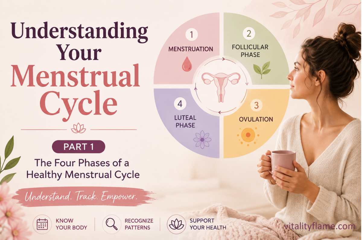 Illustration showing the four phases of the menstrual cycle: menstruation, follicular phase, ovulation, and luteal phase. Educational women's health infographic explaining cycle awareness, hormonal changes, fertility signs, energy patterns, and menstrual health throughout a healthy menstrual cycle.