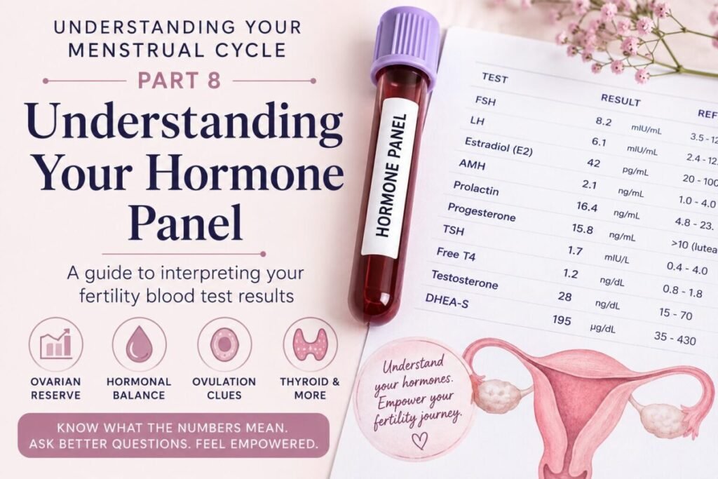 Educational fertility hormone panel guide showing common fertility blood tests including AMH, FSH, LH, estradiol, progesterone, prolactin, and thyroid hormones, with information about ovarian reserve, ovulation, hormonal balance, and fertility assessment.