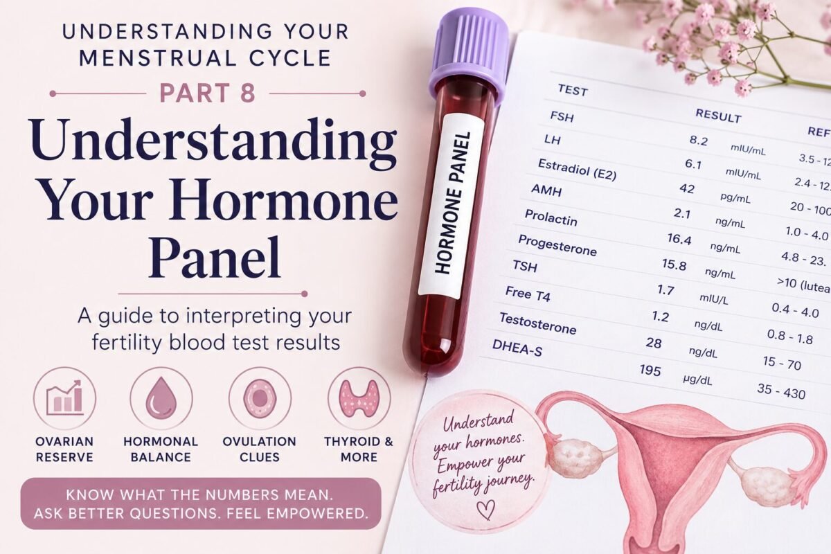 Educational fertility hormone panel guide showing common fertility blood tests including AMH, FSH, LH, estradiol, progesterone, prolactin, and thyroid hormones, with information about ovarian reserve, ovulation, hormonal balance, and fertility assessment.