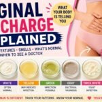 Educational women's health thumbnail showing the title "Vaginal Discharge Explained" with examples of different discharge colors and textures, including clear, white, yellow, green, gray, and brown discharge. Menstrual cycle awareness and vaginal health infographic.