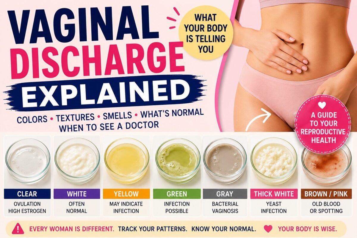 Educational women's health thumbnail showing the title "Vaginal Discharge Explained" with examples of different discharge colors and textures, including clear, white, yellow, green, gray, and brown discharge. Menstrual cycle awareness and vaginal health infographic.